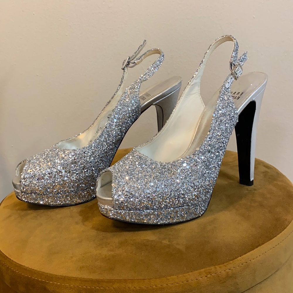 Stuart Weizmann Silver Sparkle Peep Toe Heels size 6.5